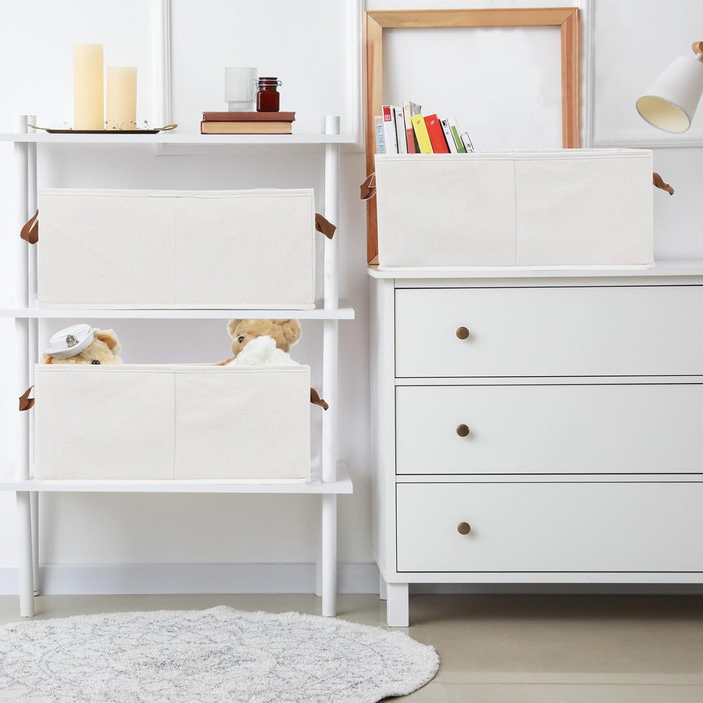 Pack of 3 Large Capacity Storage Bins Closet Organizer System, Sturdy Foldable Storage Boxes for Organizing Clothing, Sheets, Toys, Books-Shelf Organizer Shelves Basket Storage Bin (White)