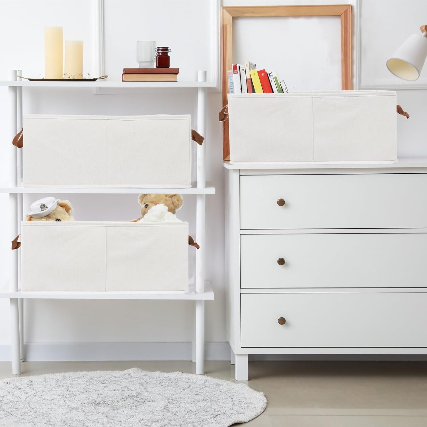 Pack of 3 Large Capacity Storage Bins Closet Organizer System, Sturdy Foldable Storage Boxes for Organizing Clothing, Sheets, Toys, Books-Shelf Organizer Shelves Basket Storage Bin (White)
