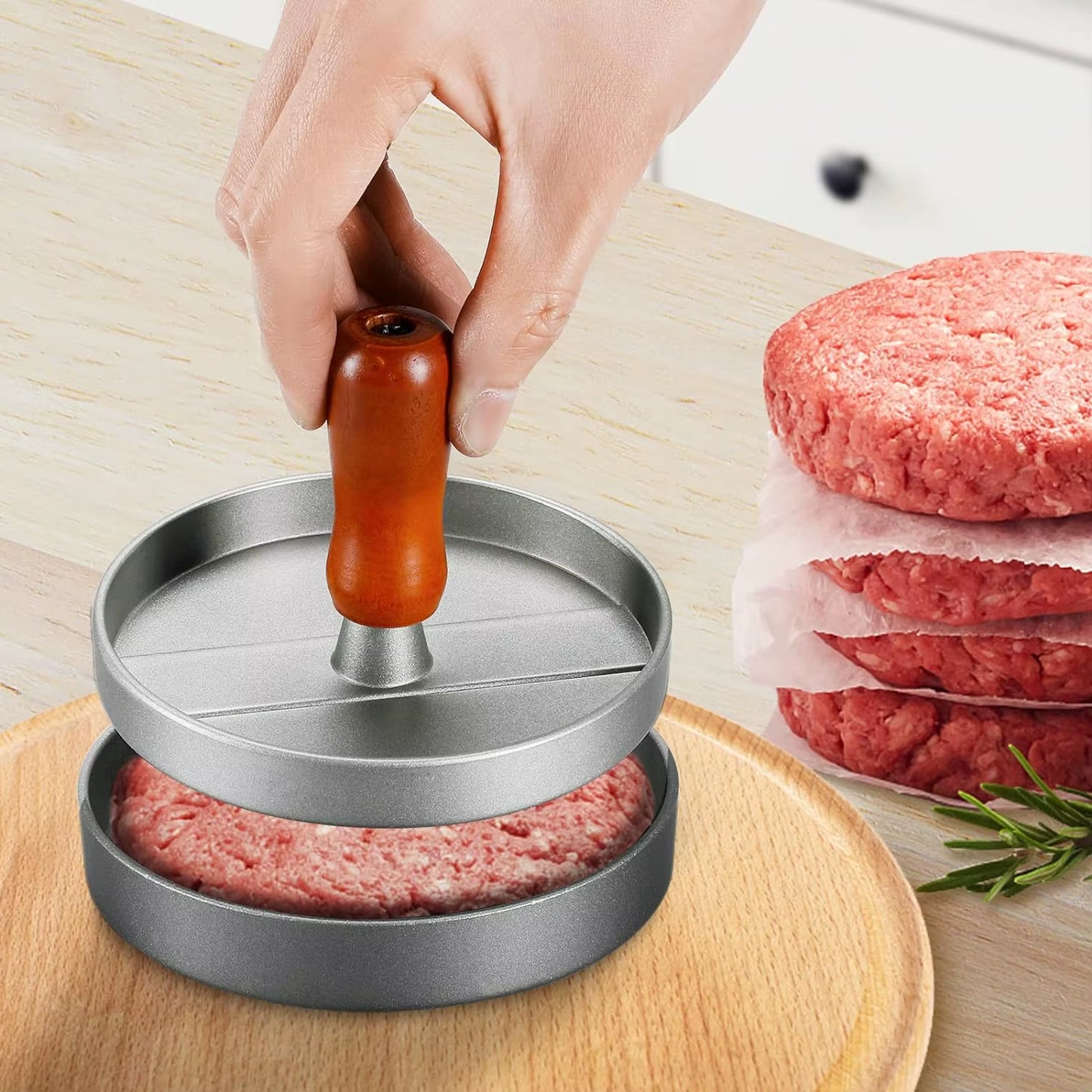 Burger Press Patty Maker Stainless Steel Hamburger Patty Press Mold Wood Handle Non-Stick with 100 Patty Papers