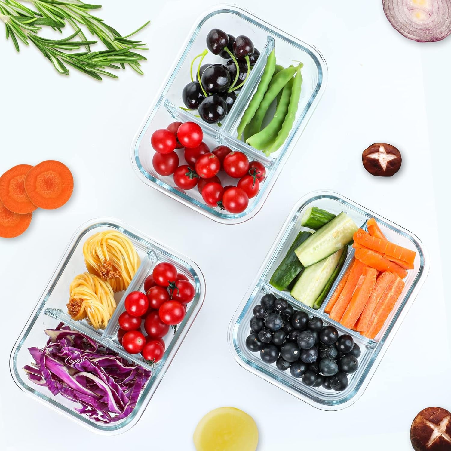 [5-Pack, 36 Oz] Glass Meal Prep Containers 3 Compartment with Lids, Glass Lunch Containers,Food Prep Lunch Box,Bento Box,Bpa-Free, Microwave, Oven, Freezer, Dishwasher (4.5 Cups)
