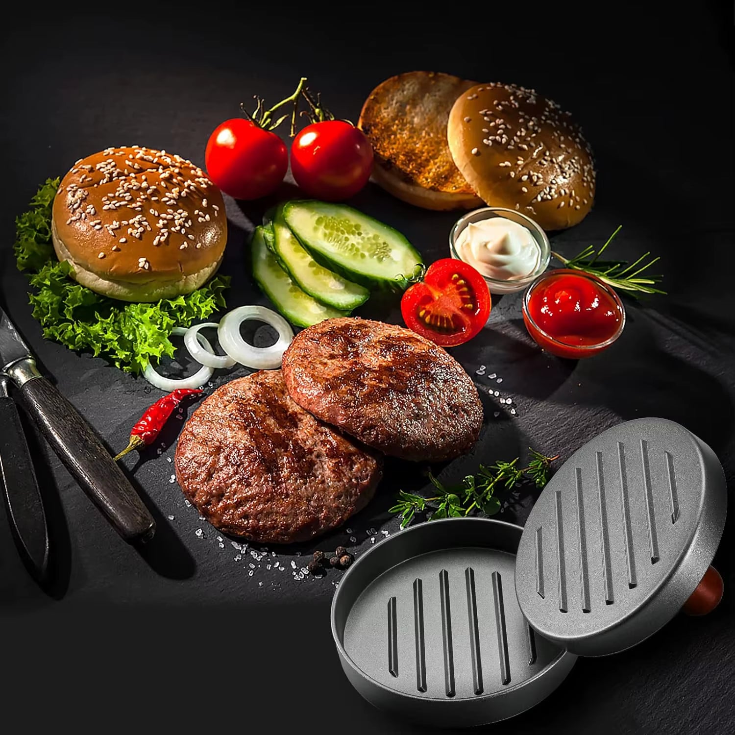 Burger Press Patty Maker Stainless Steel Hamburger Patty Press Mold Wood Handle Non-Stick with 100 Patty Papers