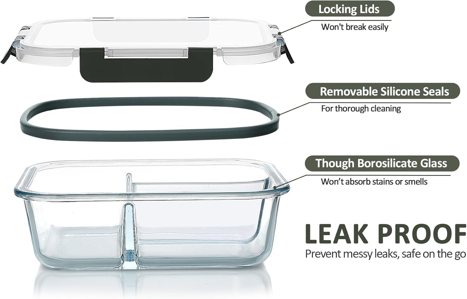 [5-Pack, 36 Oz] Glass Meal Prep Containers 3 Compartment with Lids, Glass Lunch Containers,Food Prep Lunch Box,Bento Box,Bpa-Free, Microwave, Oven, Freezer, Dishwasher (4.5 Cups)