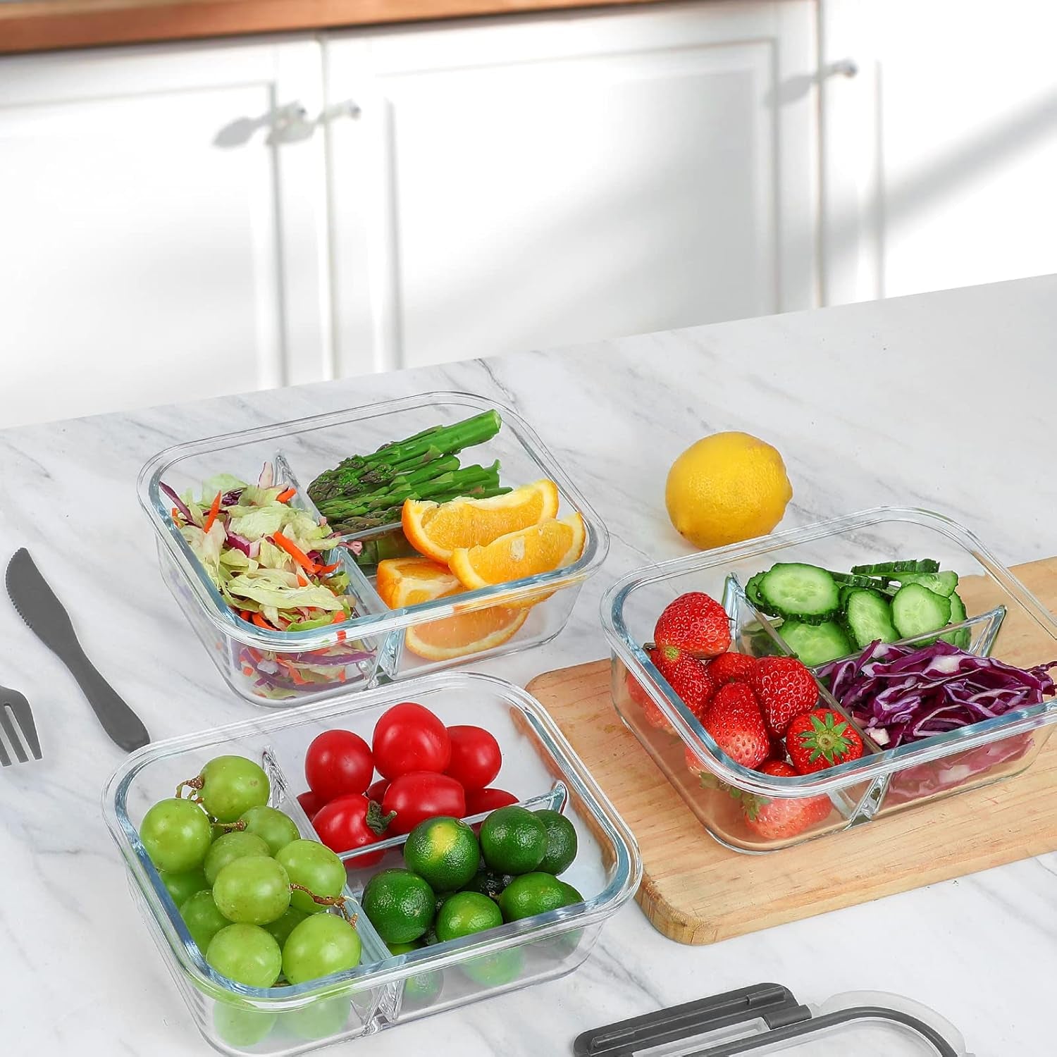 [5-Pack, 36 Oz] Glass Meal Prep Containers 3 Compartment with Lids, Glass Lunch Containers,Food Prep Lunch Box,Bento Box,Bpa-Free, Microwave, Oven, Freezer, Dishwasher (4.5 Cups)