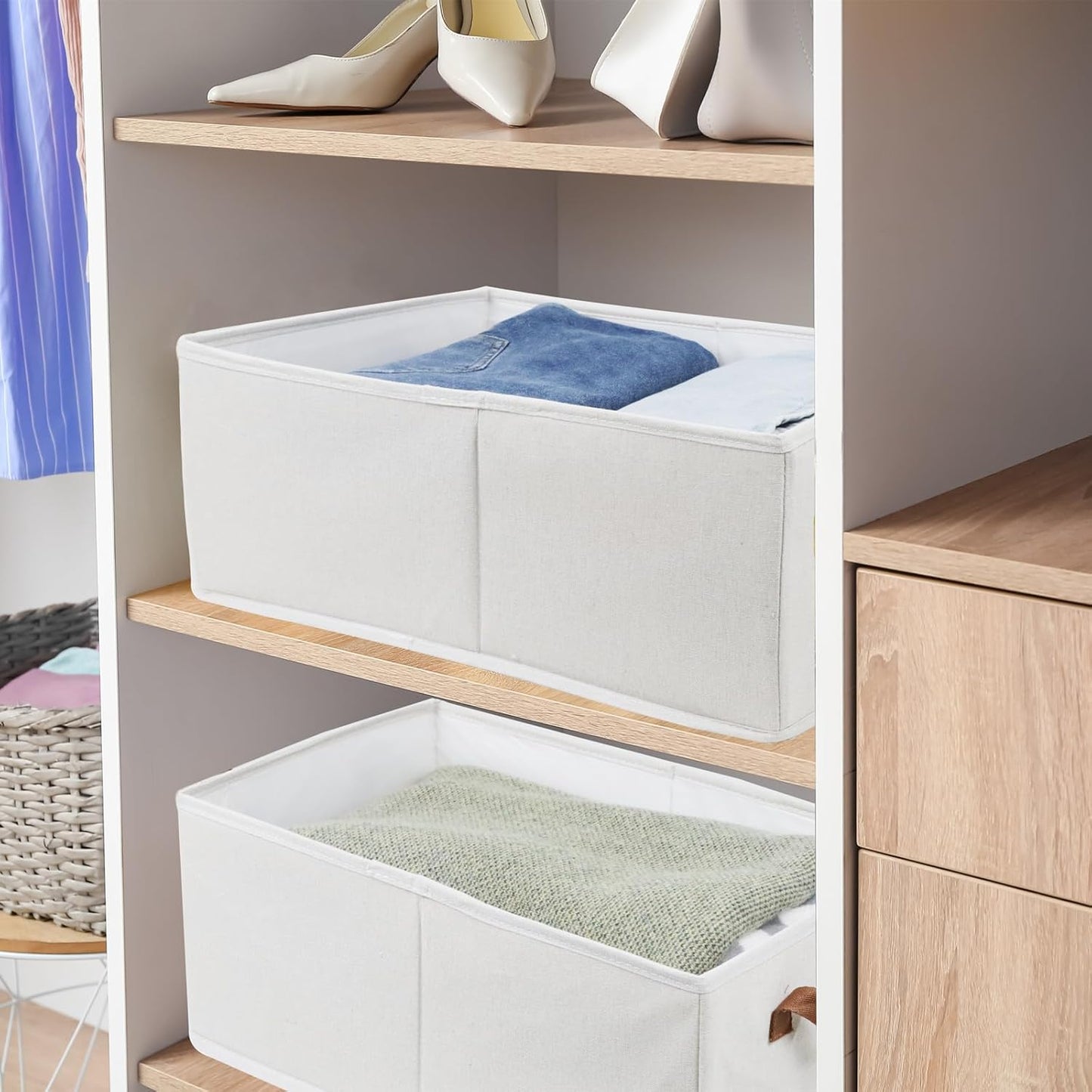 Pack of 3 Large Capacity Storage Bins Closet Organizer System, Sturdy Foldable Storage Boxes for Organizing Clothing, Sheets, Toys, Books-Shelf Organizer Shelves Basket Storage Bin (White)