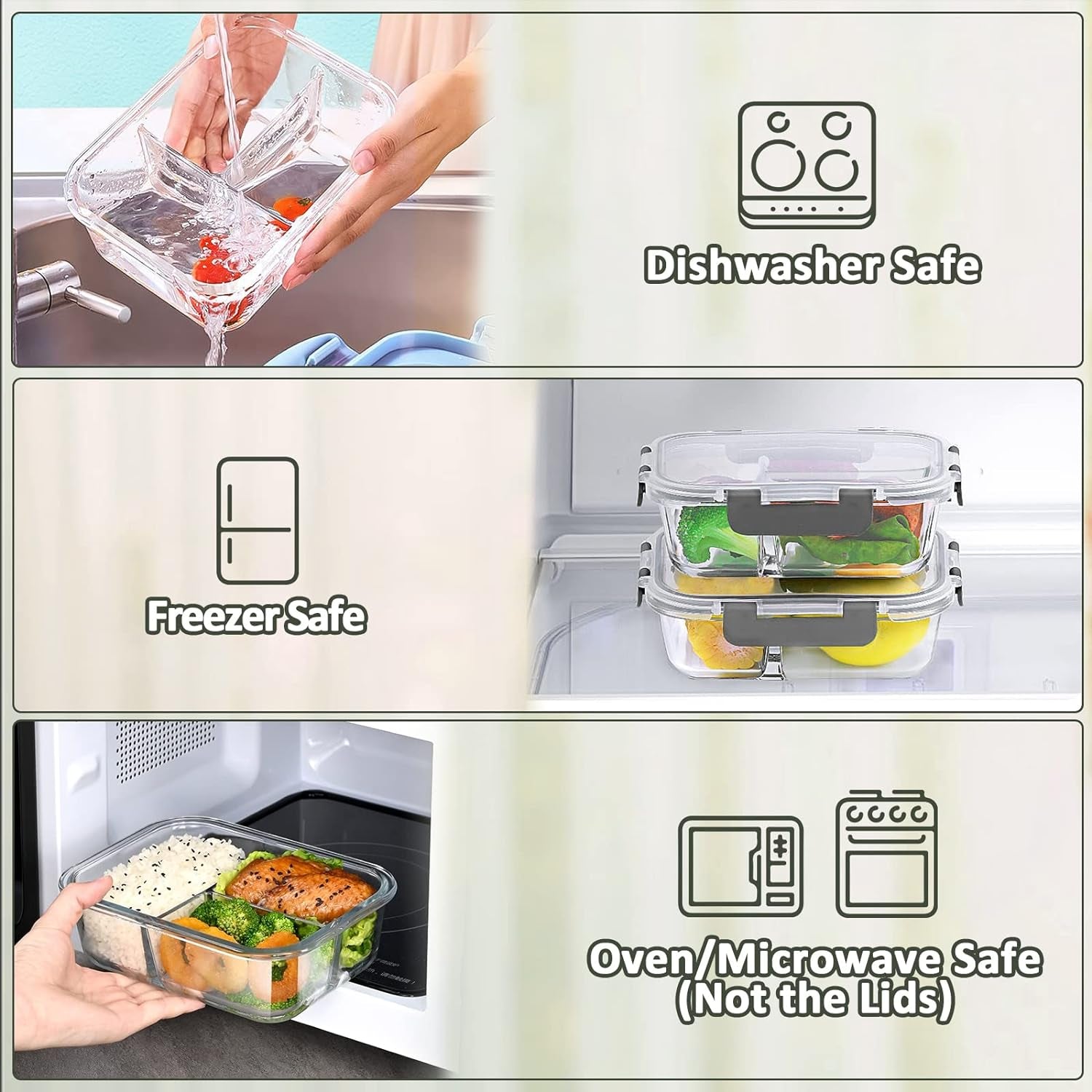 [5-Pack, 36 Oz] Glass Meal Prep Containers 3 Compartment with Lids, Glass Lunch Containers,Food Prep Lunch Box,Bento Box,Bpa-Free, Microwave, Oven, Freezer, Dishwasher (4.5 Cups)