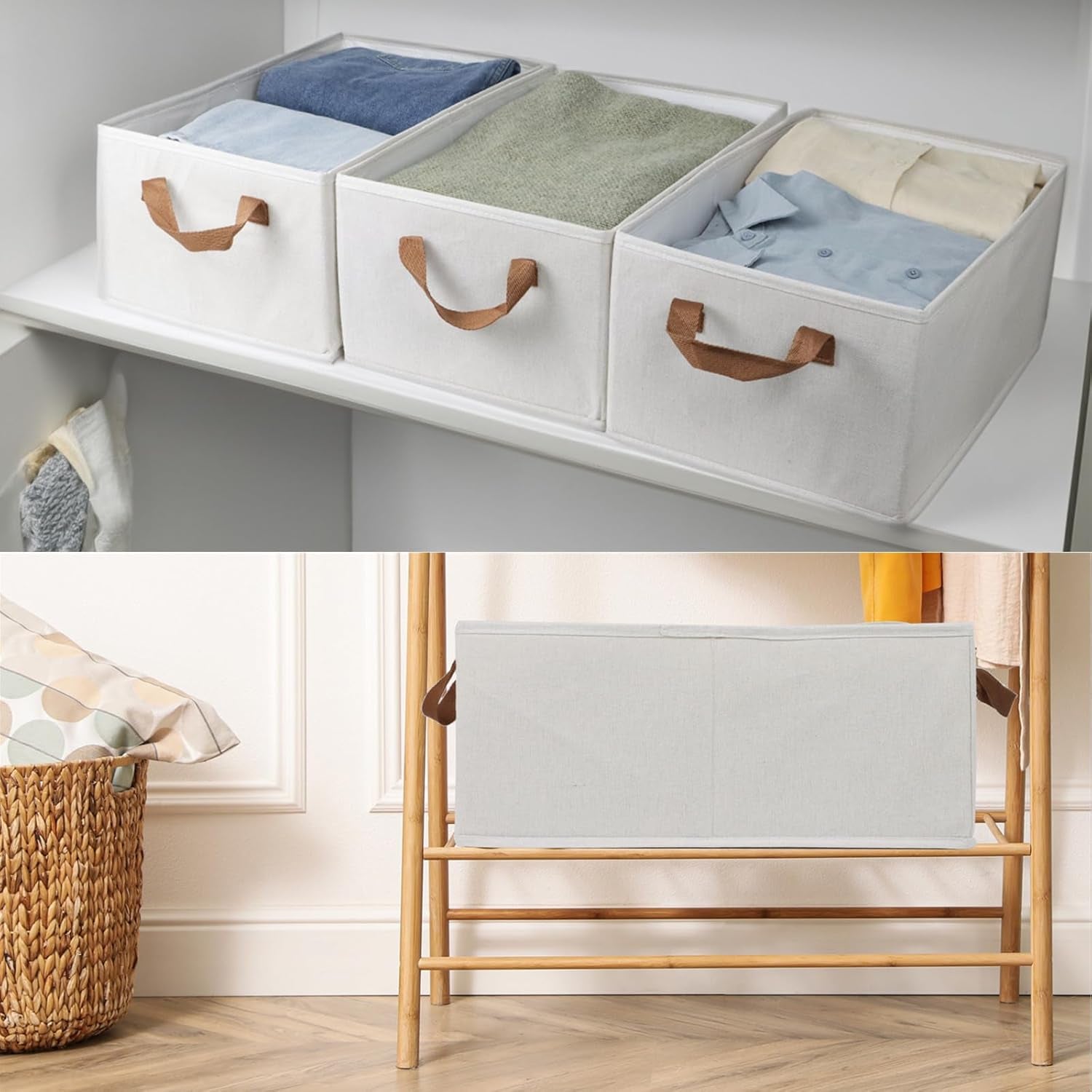 Pack of 3 Large Capacity Storage Bins Closet Organizer System, Sturdy Foldable Storage Boxes for Organizing Clothing, Sheets, Toys, Books-Shelf Organizer Shelves Basket Storage Bin (White)